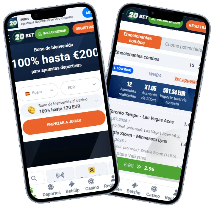 20Bet Casino aplicación móvil con apuestas deportivas, bonos y acceso al casino